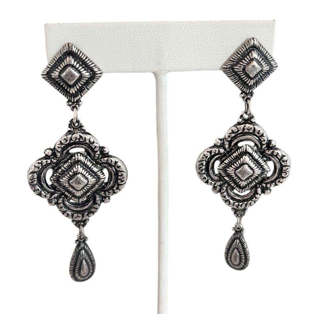 New Antique Silver Tone Statement Earrings Long Textured Dangle - 8S